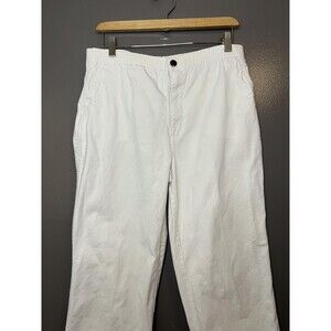 Vintage Badge Pants Mens 30x35 White Elastic Waist Cotton Straight Leg 90s